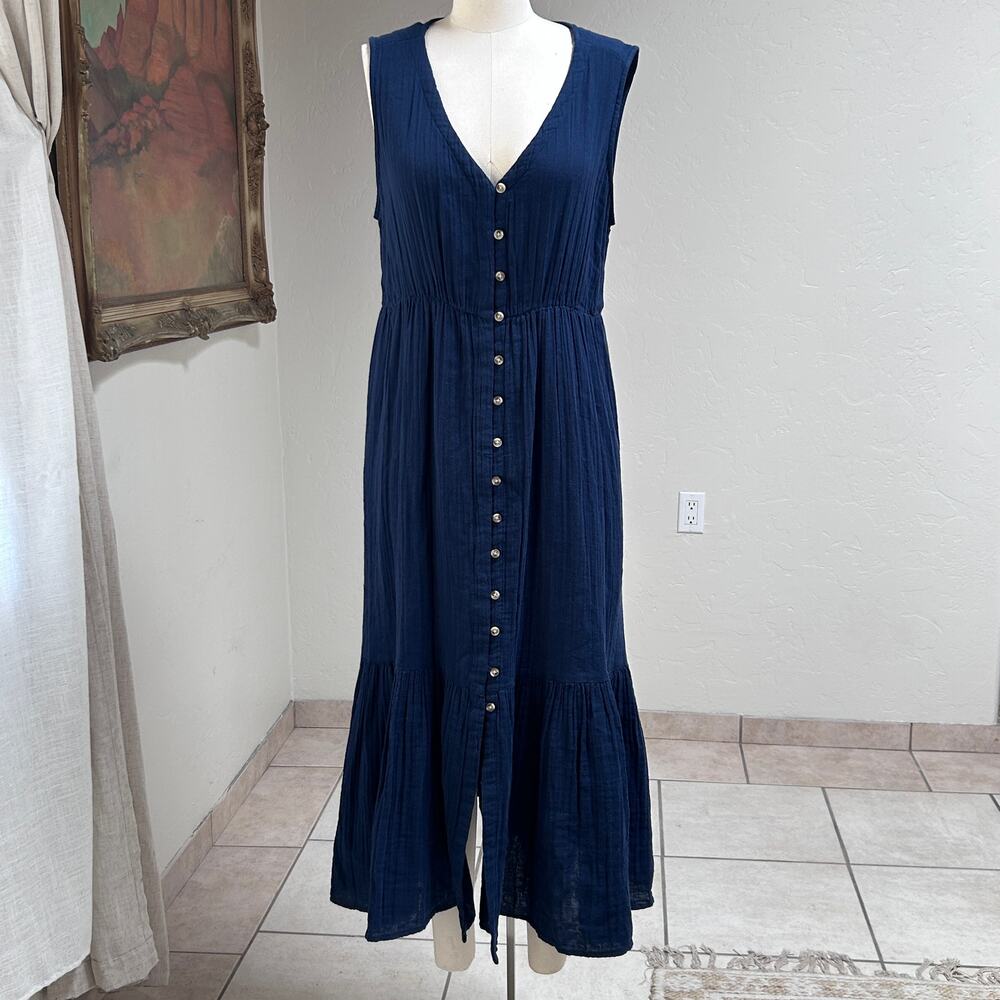 cotton button front midi dress elastic waist prairie cottagecore blue women L